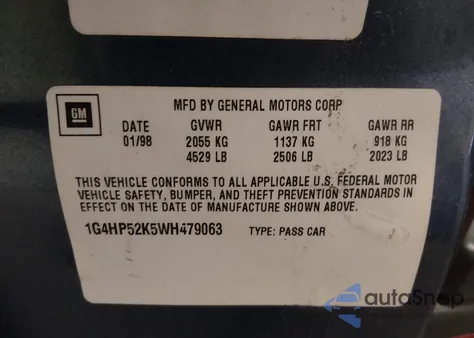 1998 Buick Lesabre Custom z USA, uszkodzony, nr VIN 1G4HP52K5WH479063